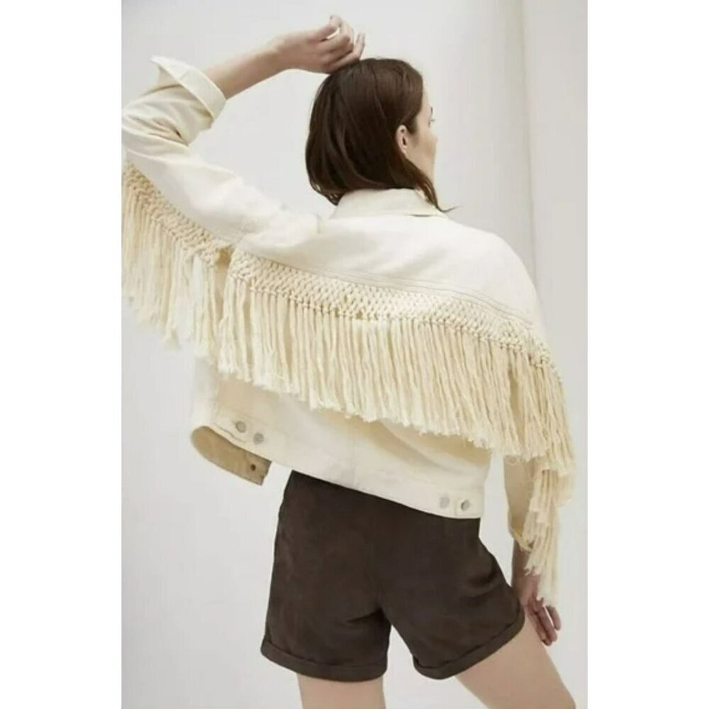 Blank NYC Cream Rope Fringe Denim Trucker Jacket Sz Large NWT